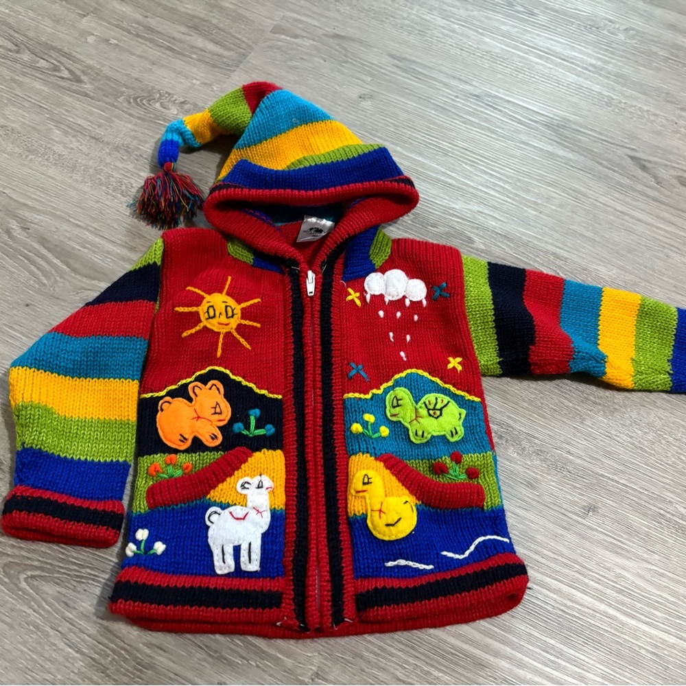 Colorful Knit Hooded Jacket with Animal Design